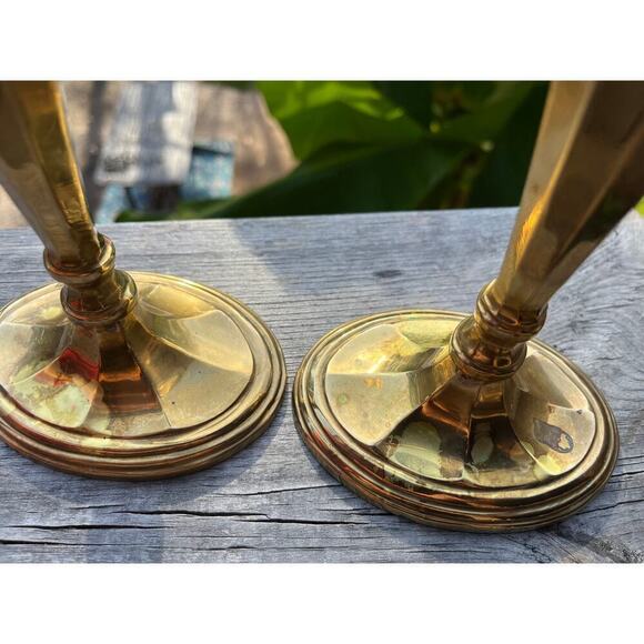 Vintage Solid Brass Candlestick Holders. tall. heavy. matching oval top & bottom - Picture 3 of 9
